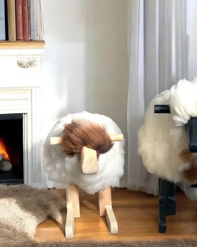 Handmade Rocking Chair ; A Sheep with Real Wool and Wood, Adorable and Cozy Sheep Rocker for Kids, Unique Gift Idea