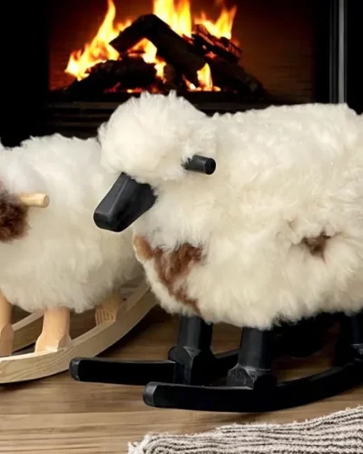 Handmade Rocking Chair ; A Sheep with Real Wool and Wood, Adorable and Cozy Sheep Rocker for Kids, Unique Gift Idea