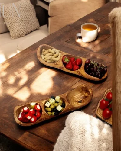 Rustic Olive Wood Three-Compartment Bowl – Artisan Elegance and Functionality