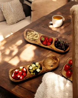 Rustic Olive Wood Three-Compartment Bowl – Artisan Elegance and Functionality