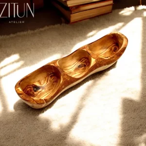 Rustic Olive Wood Three-Compartment Bowl – Artisan Elegance and Functionality