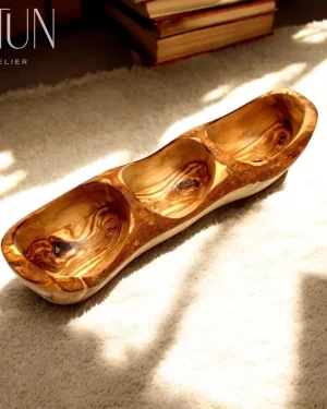 Rustic Olive Wood Three-Compartment Bowl – Artisan Elegance and Functionality