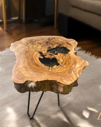 Handmade Olive Wood Live Edge Coffee table with Resin, Unique coffee table, Natural Olive Tree Solid Wood Side Table