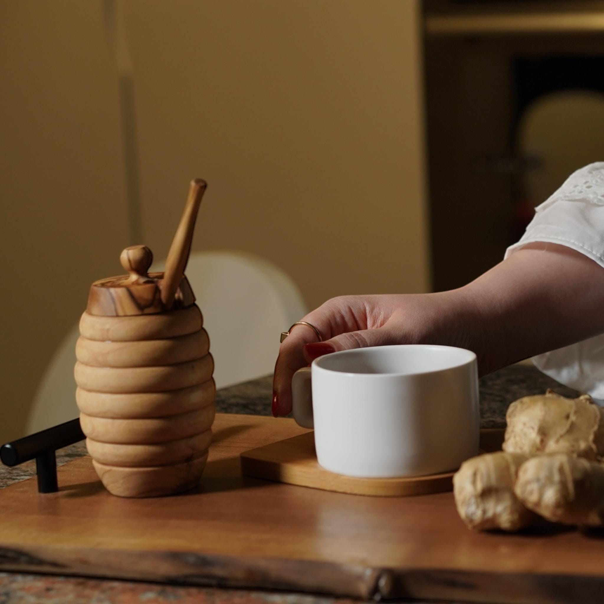 Handmade Olive Wood Honey Jar with Honey Stick | Elegant Rustic Design