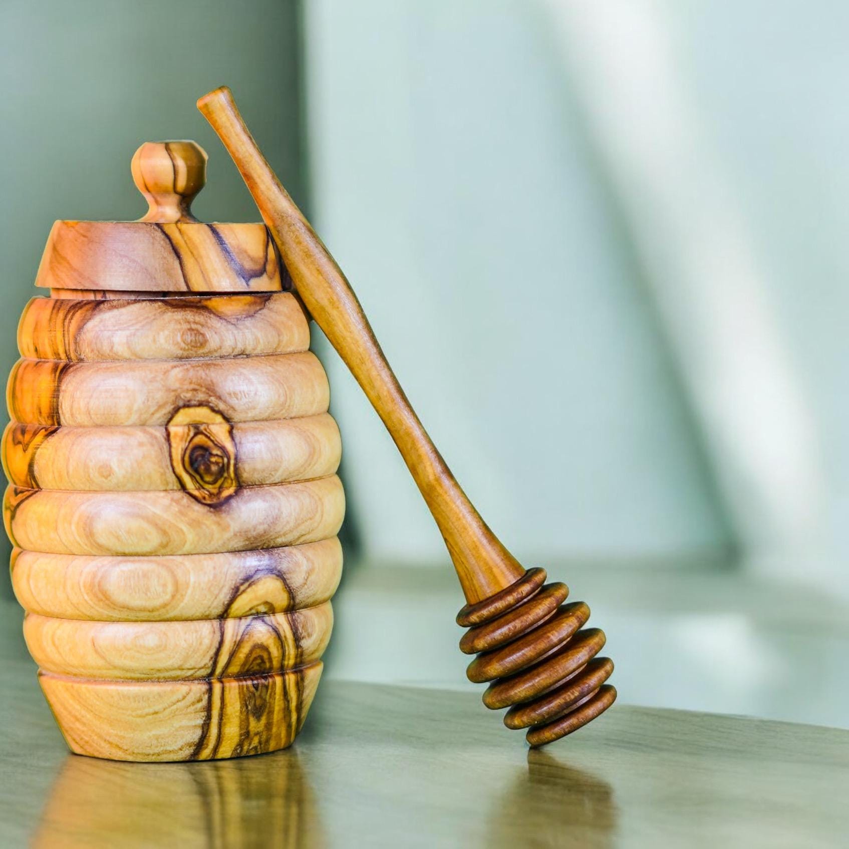 Handmade Olive Wood Honey Jar with Honey Stick | Elegant Rustic Design