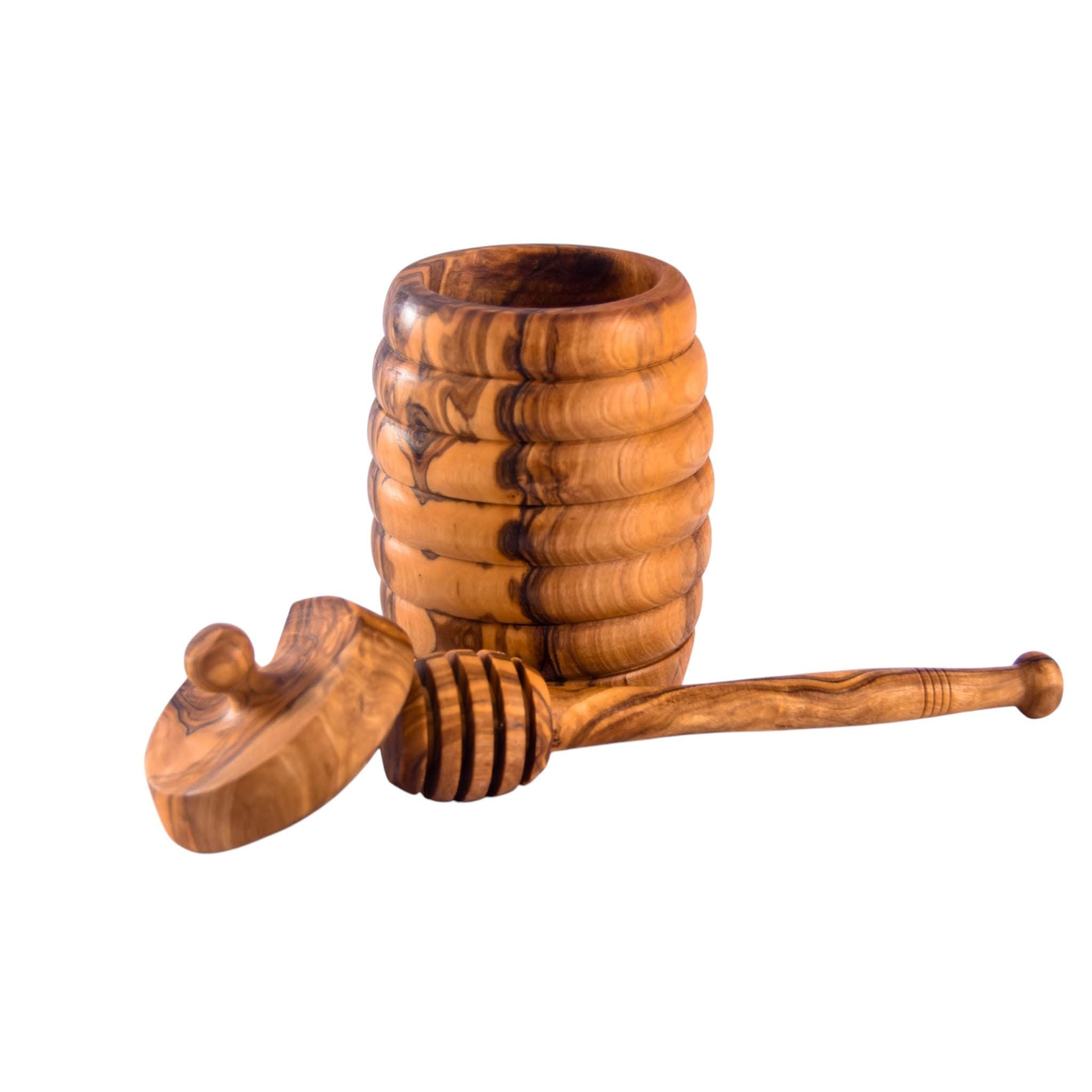 Handmade Olive Wood Honey Jar with Honey Stick | Elegant Rustic Design